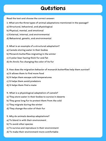 Animal Traits Reading Comprehension Passage & Questions product image (2)
