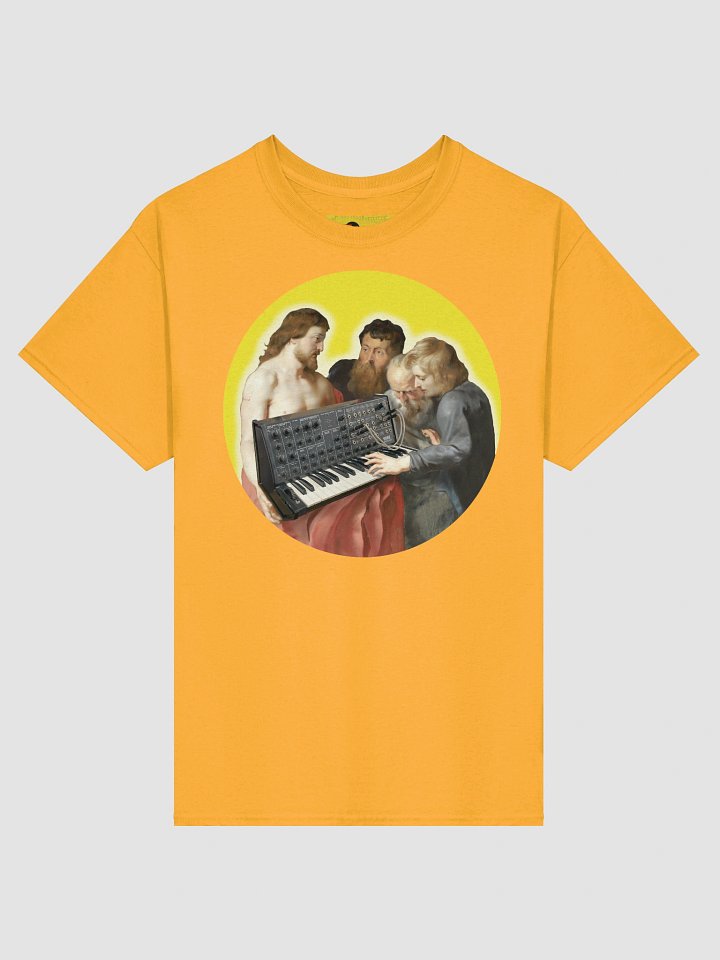 He died for our synths, by Frank Fonik (Japanese Korg MS 20), Techno EDM Unisex t-shirt product image (2)