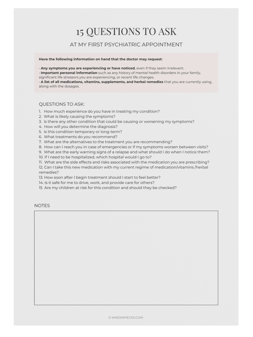 FREE Printable List of 15 Questions to Ask at Your First Psychiatric Appointment Digital Download product image (2)