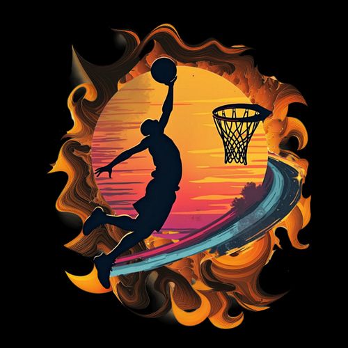 This dynamic design captures the powerful moment of a basketball player mid-air, shooting the basketball toward the hoop with...