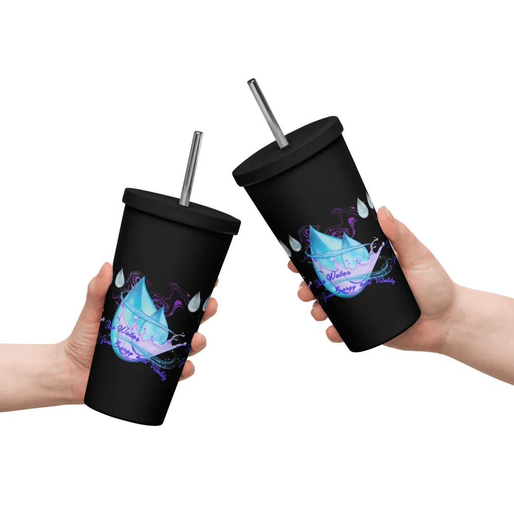 nsulated Tumbler with straw with beautiful swirly blue water drops  featuring ' This water gives energy and vitality