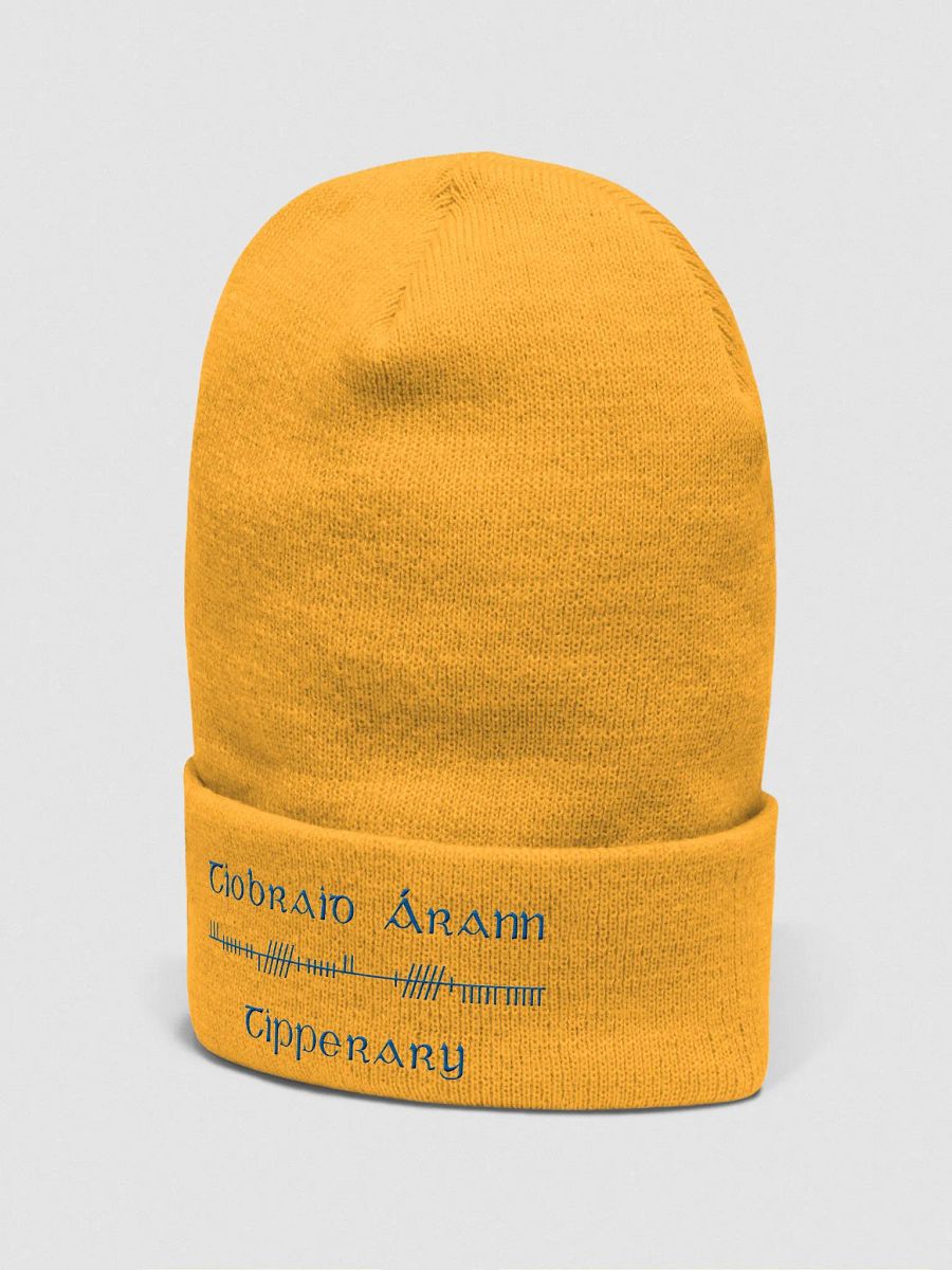 Tipperary/Tiobraid Árann Orthodox style Ogham, gold with blue, embroidered Cuffed Beanie product image (5)