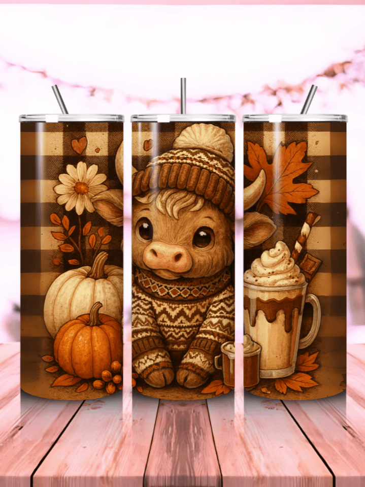 Cute Baby Highland Cow Tumbler Wrap PNG – 20oz Skinny Sublimation Design with Adorable Calf & Warm Autumn Colors – Perfect Fall Gift – 300 DPI Instant Digital Download product image (1)