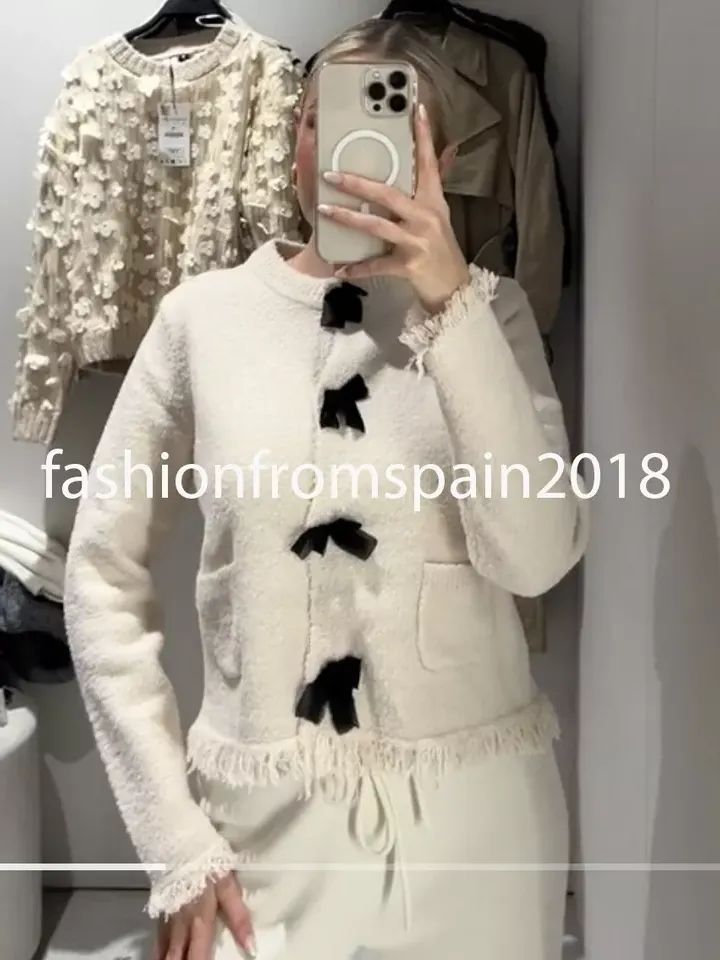 ZARA NEW WOMAN FRAYED KNIT CARDIGAN WITH BOWS ECRU S-XL 9598/139 product image (3)