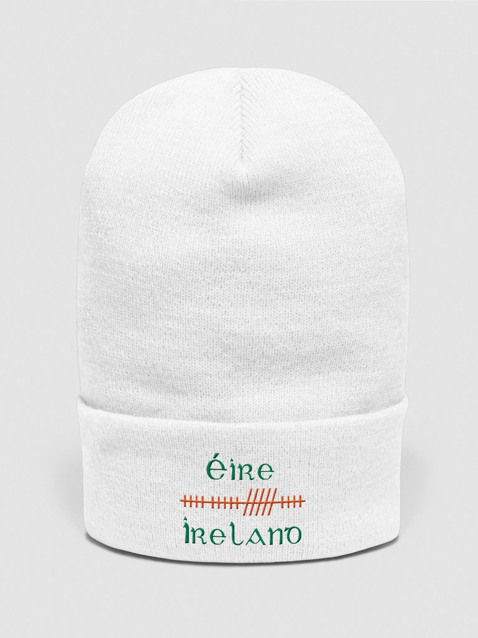 Ireland/Éire Orthodox Style Ogham, White with Green and Orange, embroidered Cuffed Beanie product image (1)