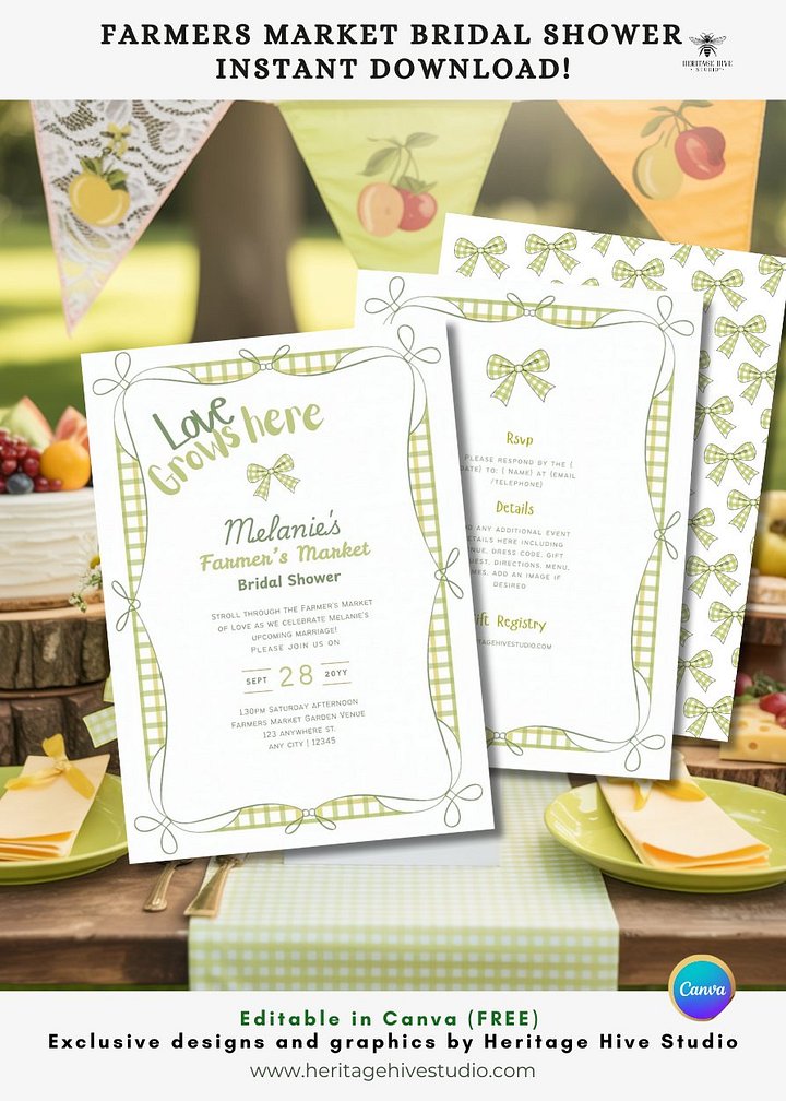 Farmers Market Bridal Shower Invitations | Instant Download | Bows Lime Gingham product image (1)