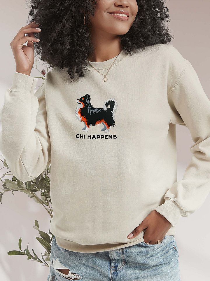 Chi Happens Sweatshirt (Embroidered) of a Longhaired Chihuahua(Tricolor) product image (2)