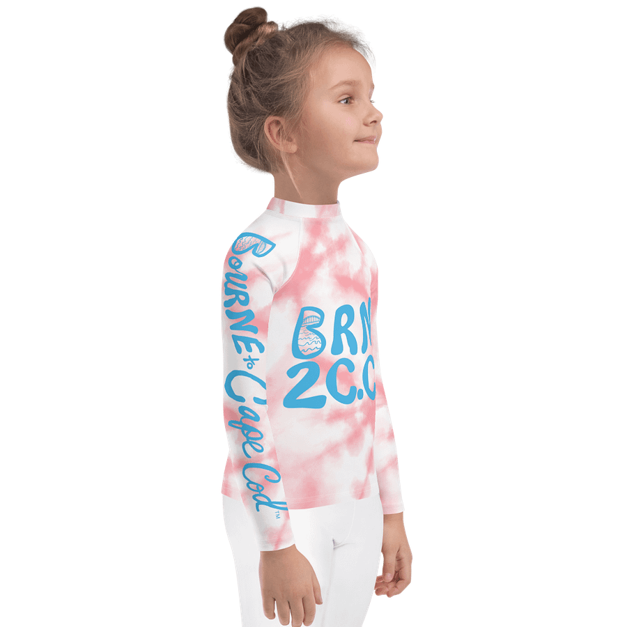 Girls' | Little KIDS | Rash Guard | BRN.2C.C.™ Front Print | BOURNE to Cape Cod™ Back & Sleeve Logo | Coastal UV Shirt for Active Kids | Slim Fit Swim Top | Blue Logo on Pink Tie-Dye product image (4)