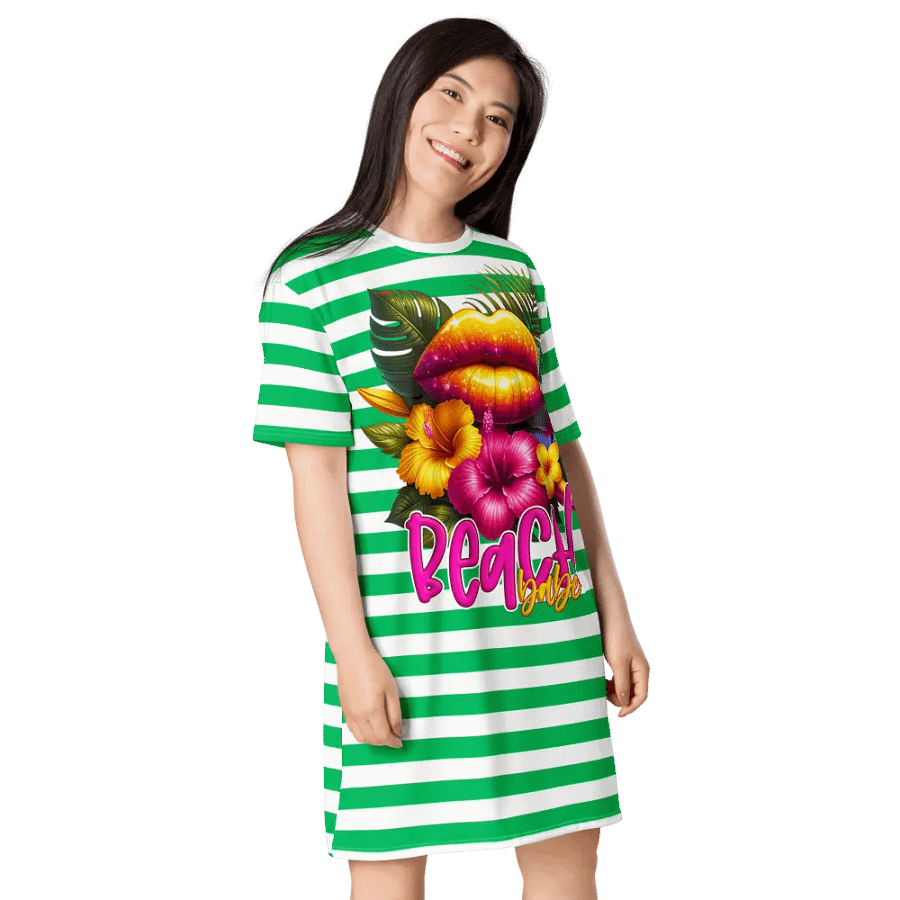 Hibiscus Kiss Green Stripped Summer T-Shirt Dress product image (5)
