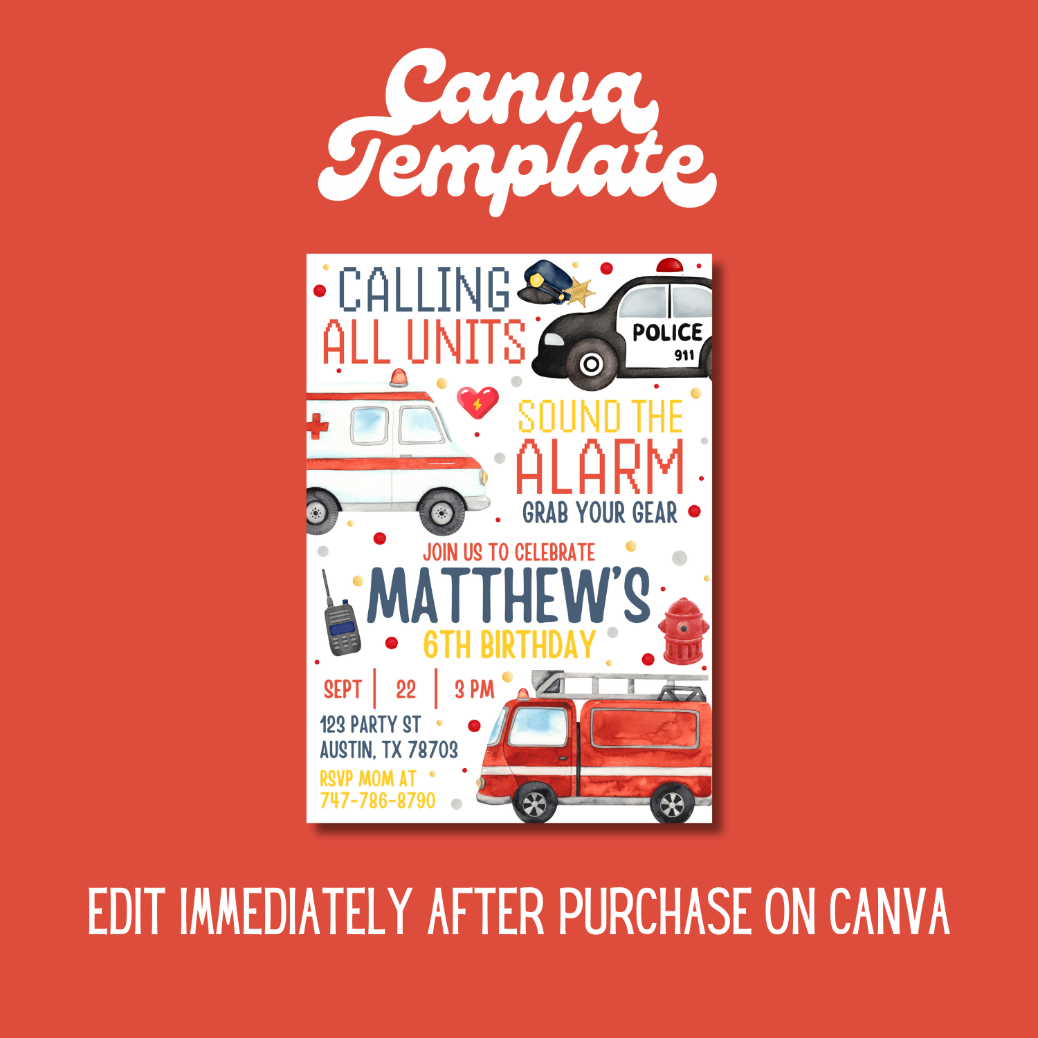 Police & Emergency Vehicle Birthday Invitation Template – Canva Editable 6th Birthday Invite product image (4)