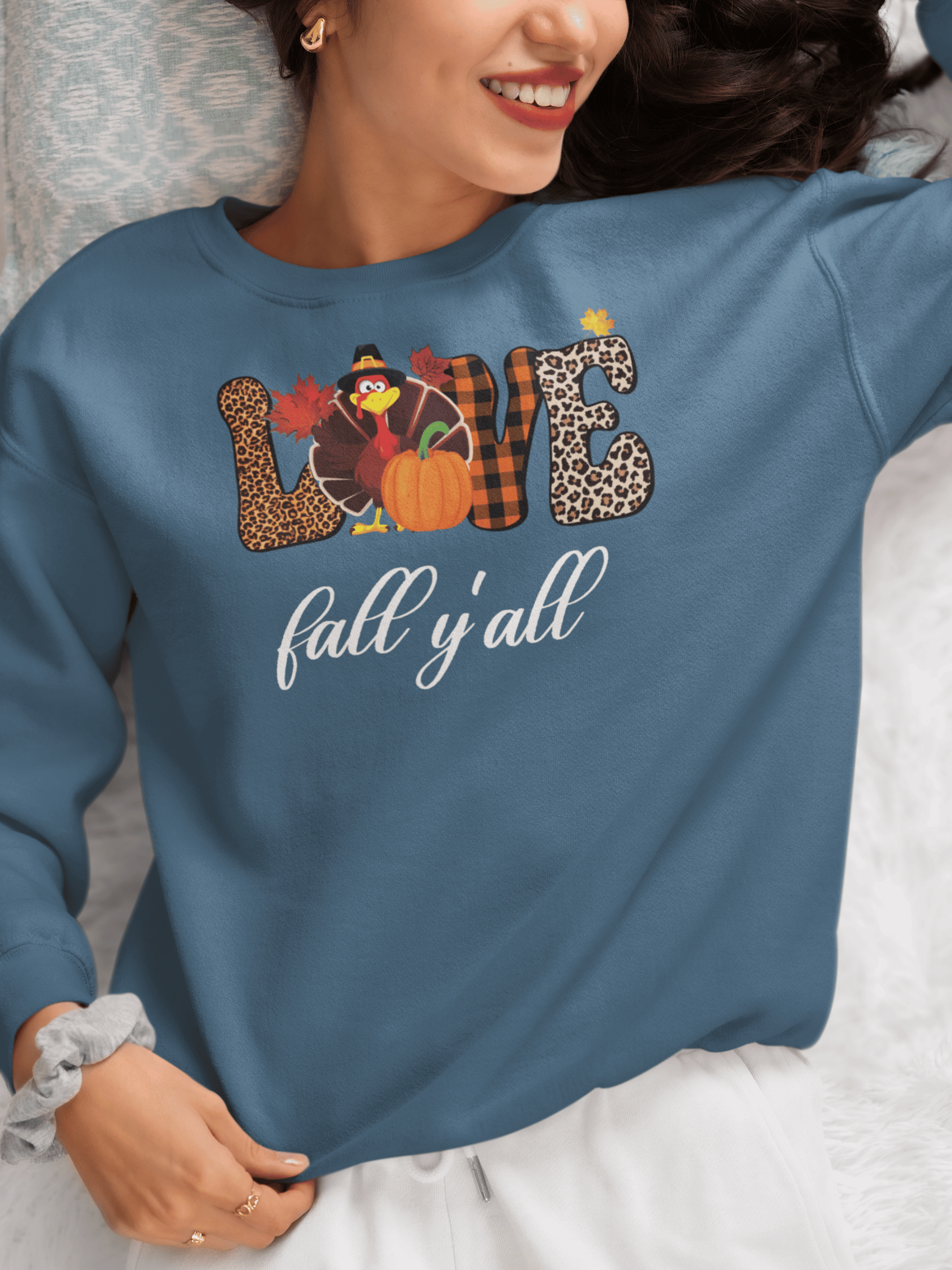 Love Fall Y'all Turkey Pumpkin Crewneck Sweatshirt product image (1)