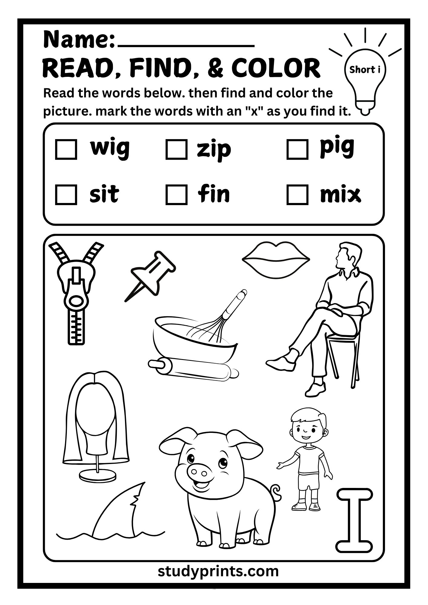 Short I CVC Words : Read, Find, and Color Activity Worksheet product image (1)