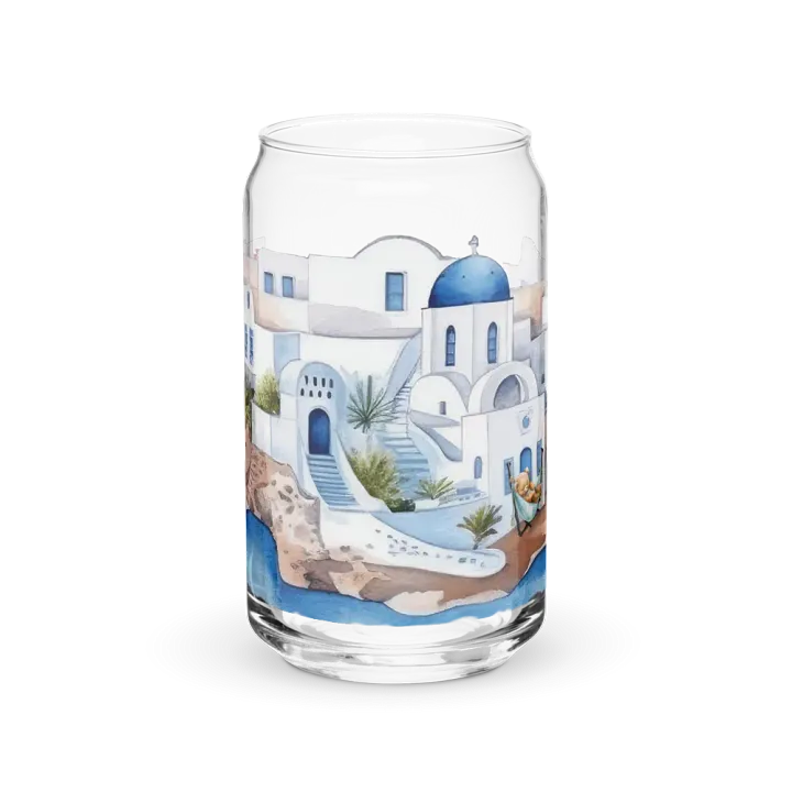 Santorini Dreaming Glass Can Tumbler | 16oz | Greek-Inspired Beverage Glass with Bamboo Lid & Straw product image (1)