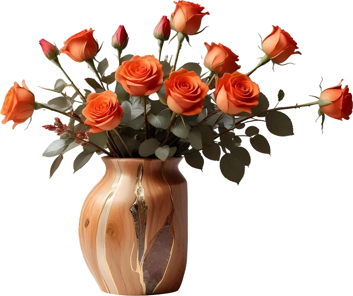 Rustic Wooden Vase with Orange Roses PNG product image (1)