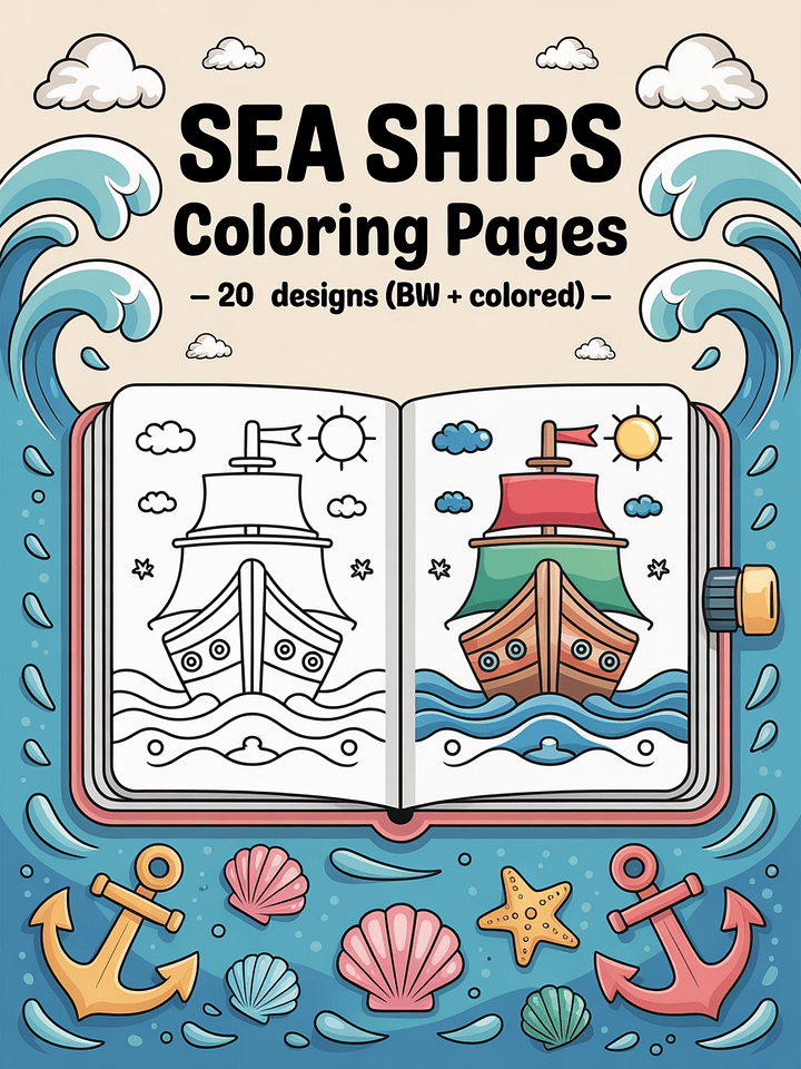 Sea Ships Coloring Pages | 20+ Nautical Designs | Black & White + Colored Reference Pack product image (1)