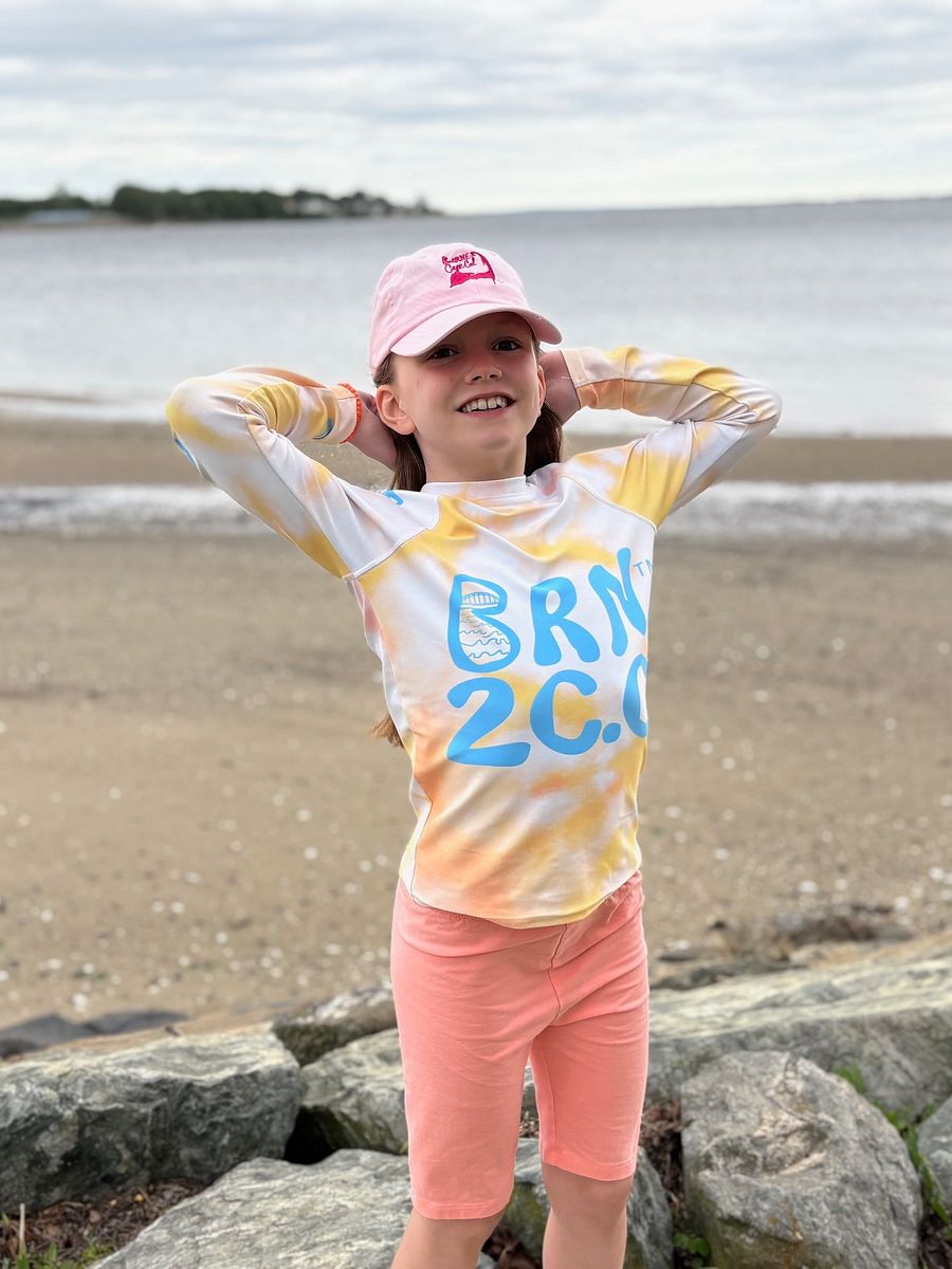 YOUTH | Rash Guard | BRN.2C.C.™ Front Graphic | BOURNE to Cape Cod™ Sleeve & Back Logo | Coastal Swim Shirt for Kids | UV Protection Activewear | Blue Logo on Orange Tie-Dye product image (3)