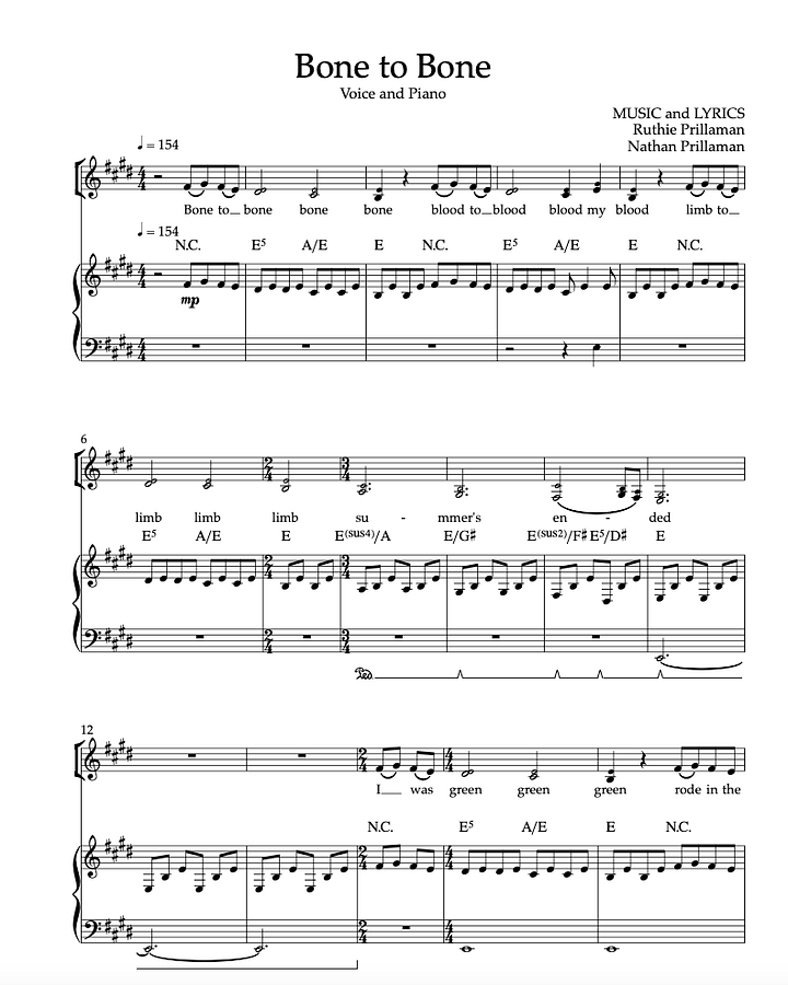 Bone to Bone Sheet Music - Piano Vocal, Vocal Score, and Studio Score product image (1)