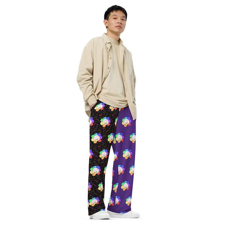 Split Purple and Arcade All-Over Flower Unisex Wide-Leg Pants product image (2)