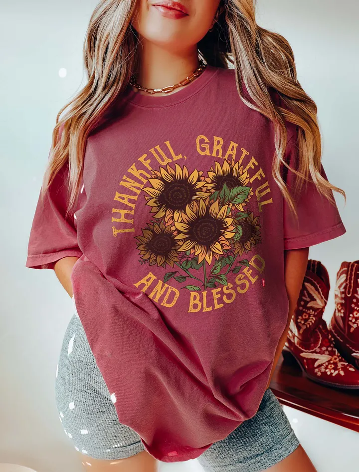 Thankful, Grateful, and Blessed Sunflower T-Shirt | Motivational Fall and Thanksgiving T-Shirt Design product image (5)