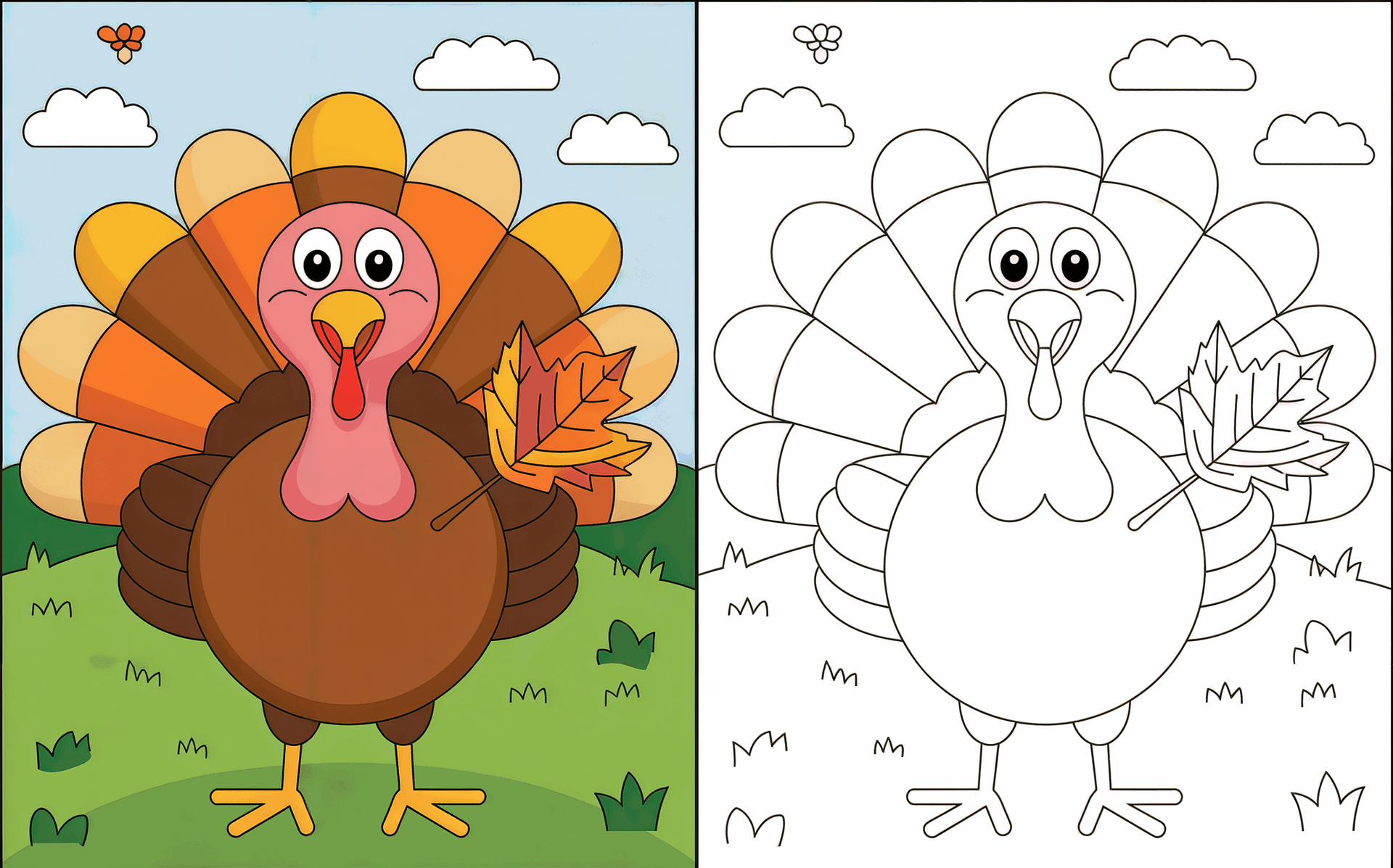 Turkey Coloring Pages | 20+ Cute Thanksgiving Designs | Black & White + Colored Reference Pack product image (2)