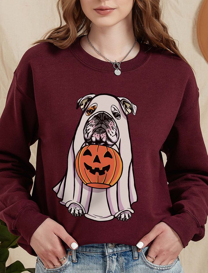 Funny Halloween English Bulldog(White) Sweatshirt | Funny English Bulldog Wearing a Ghost Costume and Holding a Pumpkin Basket product image (10)