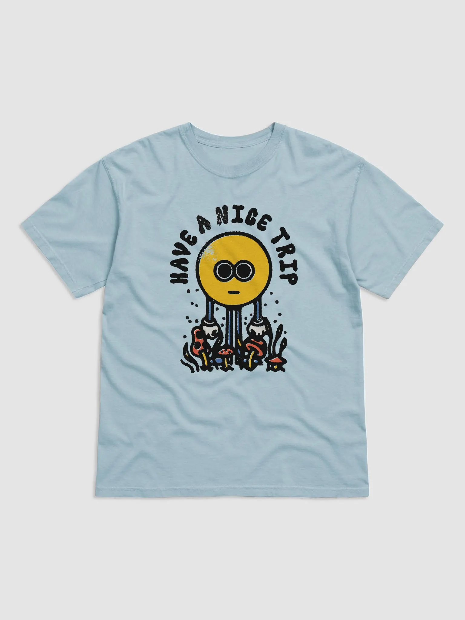 Have a Nice Trip | Funny Pun Retro-Style Hipster T-Shirt of a Mascot on a Field of Psychedelic Mushrooms product image (6)