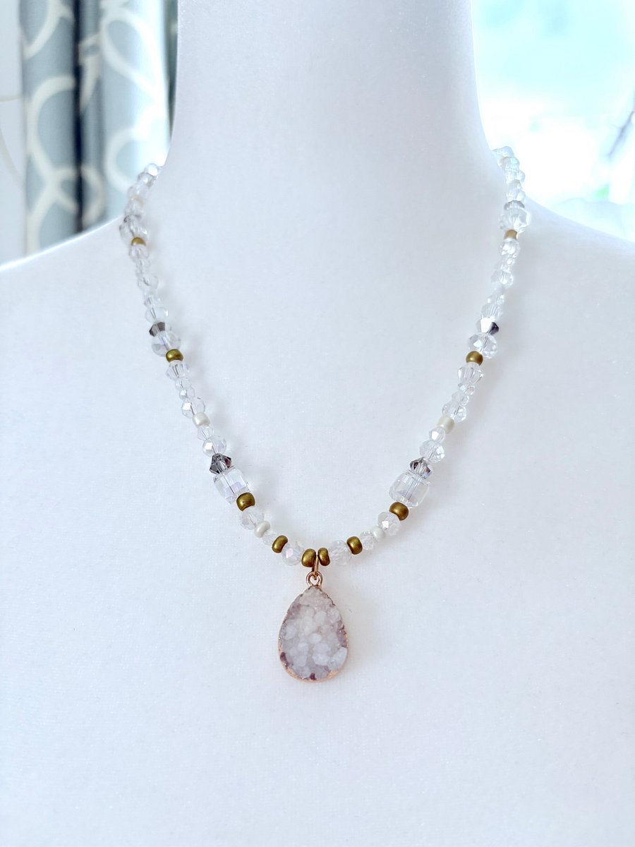Coastal Glow Druzy Pendant Necklace | Handmade Glass Beaded Jewelry | Monique Faella Designs™ | MFD-00190 product image (2)