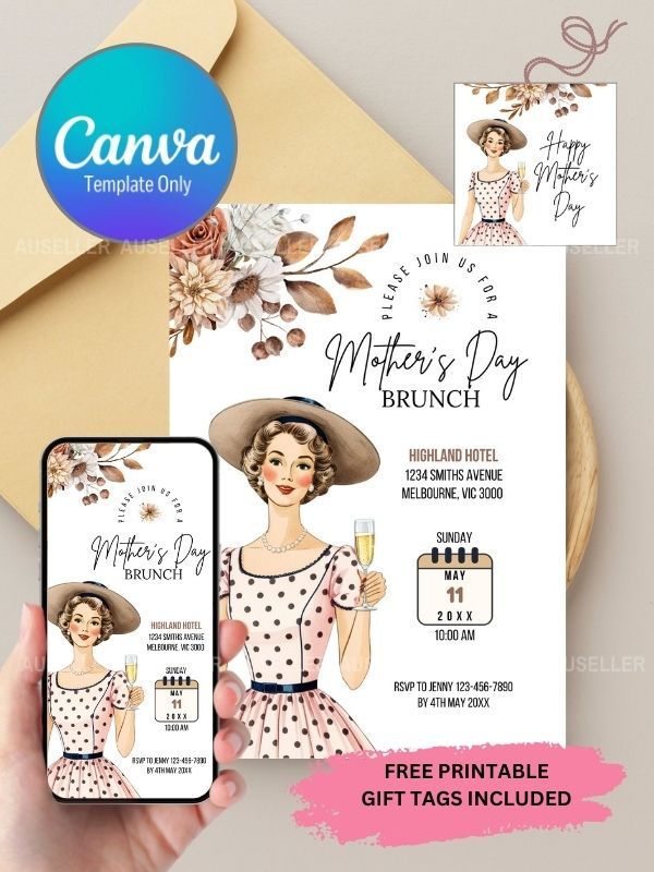 Mother's Day Brunch Invitation Bundle - Lady With Hat And Polka Dot Dress product image (1)