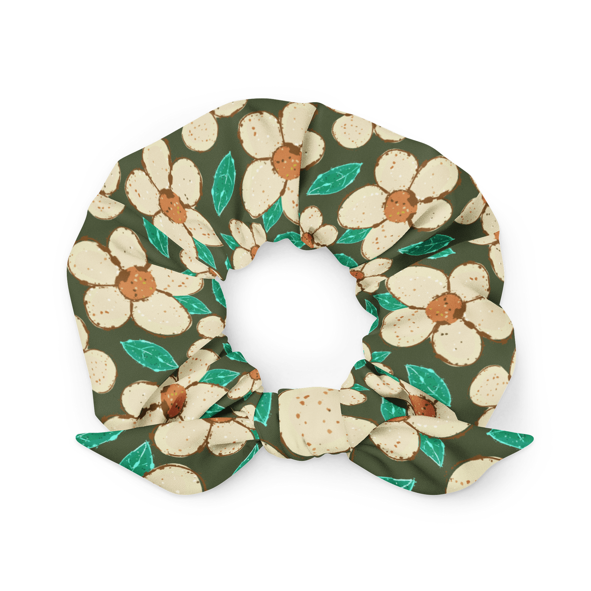 Cream Floral Scrunchie with Green Background – Boho Hair Accessory product image (1)