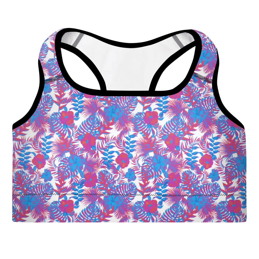 padded sports bra in  blue and pink colors tropical leaves design. Perfect for holiday vibes product image (2)