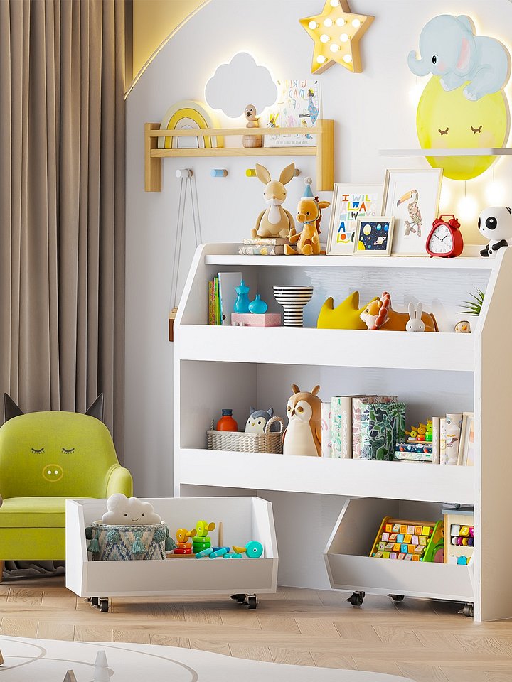 3-Tier Portable Toy Storage, Kids Toy Organizer W/2 Removable Bins with 4 Wheels（White) product image (1)