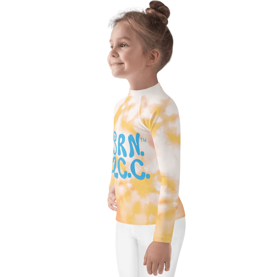 Girls' | Little KIDS | Rash Guard | BRN.2C.C.™ Front Print | BOURNE to Cape Cod™ Back & Sleeve Logo | Coastal UV Shirt for Active Kids | Slim Fit Swim Top | Blue Logo on Orange Tie-Dye product image (3)