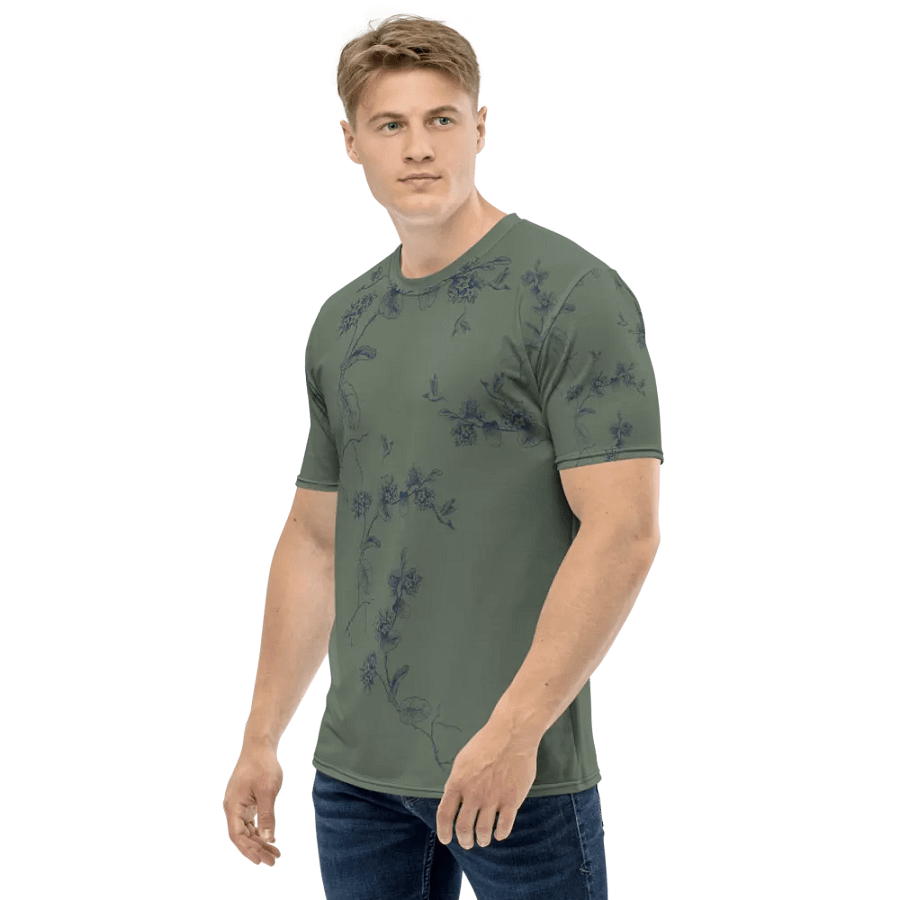 olive green all  over printed unisex T shirt with humming bird design. Outdoors vibe ideal for the person who enjoys birding. product image (3)