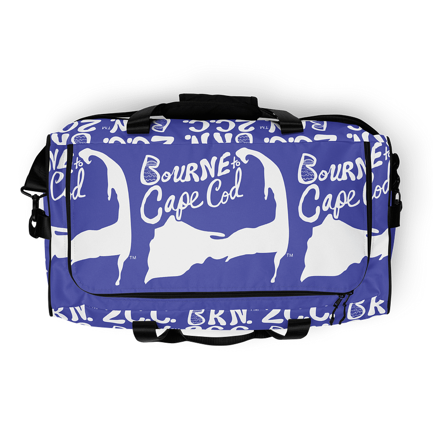 BOURNE to Cape Cod™ | Duffle Bag | BRN.2C.C.™ | Coastal Gym & Travel Gear | 22" All-Over Print Weekender | White Logos on Slate Blue product image (8)