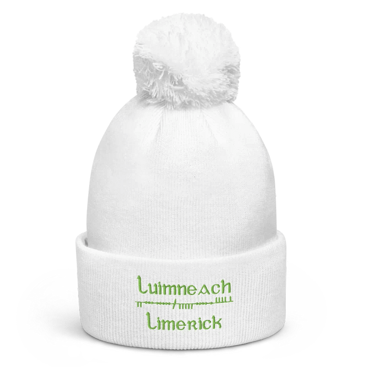 Limerick/Luimneach Scholastic style Ogham, white with green embroidered Pom-Pom Beanie product image (1)