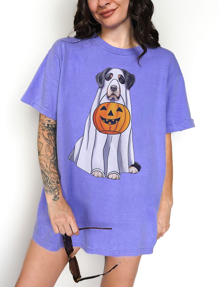 Bernese Mountain Dog Halloween Tee | Funny Halloween Berner Wearing a Ghost Costume with Pumpkin Basket product image (21)