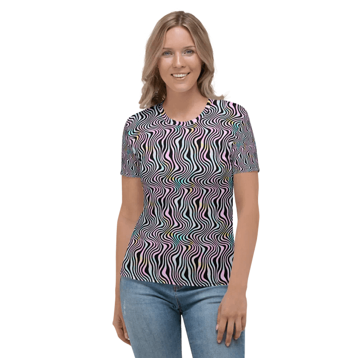 Ladies T shirt all over print wavy turquoise pink and black design ideal for light travel and slimming look product image (2)
