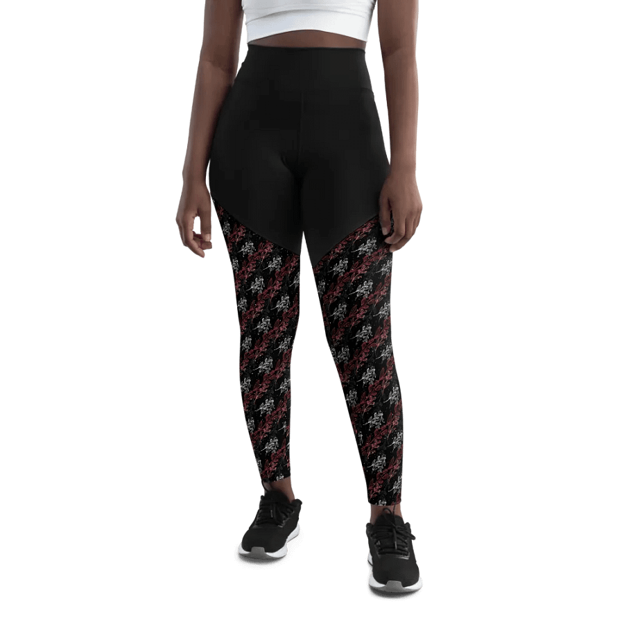 Dark sports Leggings in unusual diagonal red apricot design on black design with slight sparkle. product image (10)