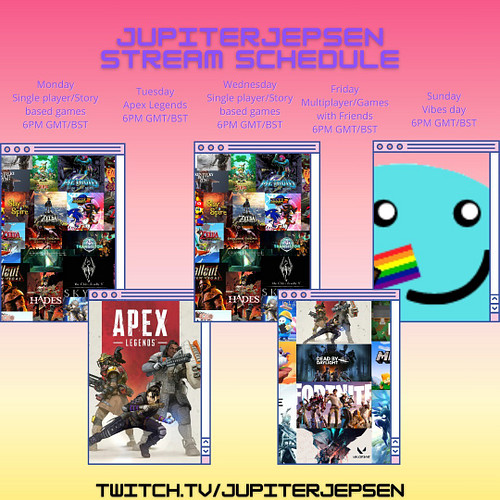 Stream Schedule:
Monday - Single Player/Story based games
Tuesday - Apex Legends (Usually with Charlie)
Wednesday - Single Pl...