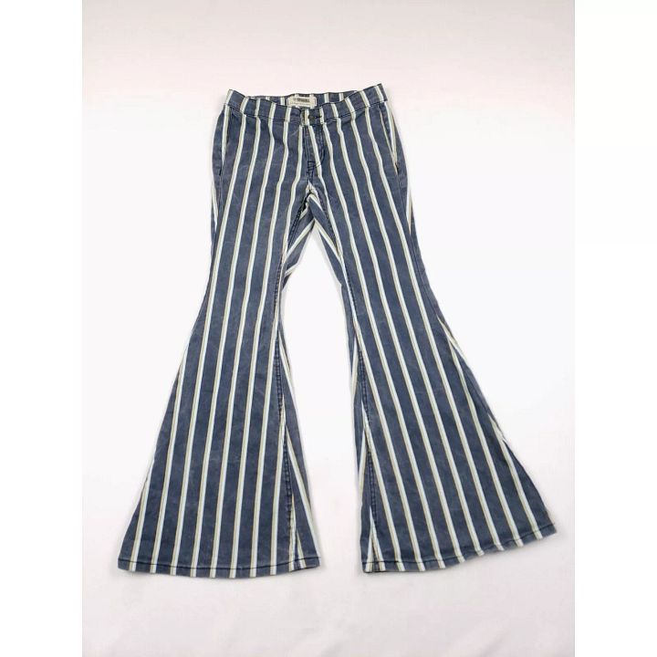 Rock & Roll Denim Girls Bargain Button Bell Bottom Striped Jeans Size 14 Blue product image (1)