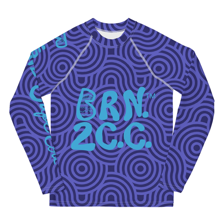 YOUTH | Rash Guard | BRN.2C.C.™ Front Graphic | BOURNE to Cape Cod™ Sleeve & Back Logo | Coastal Swim Shirt for Kids | UV Protection Activewear | Blue Logo on Mod Circles product image (1)