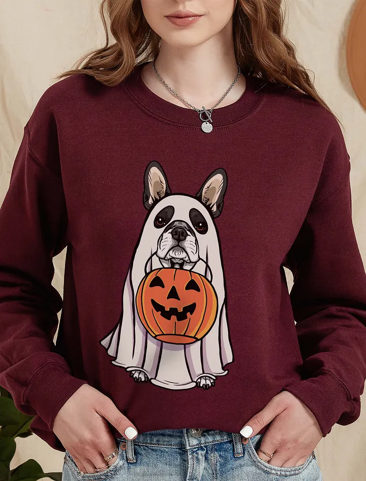 Funny Halloween Boston Terrier Sweatshirt | Funny Boston Terrier Wearing a Ghost Costume and Holding a Pumpkin Basket product image (6)