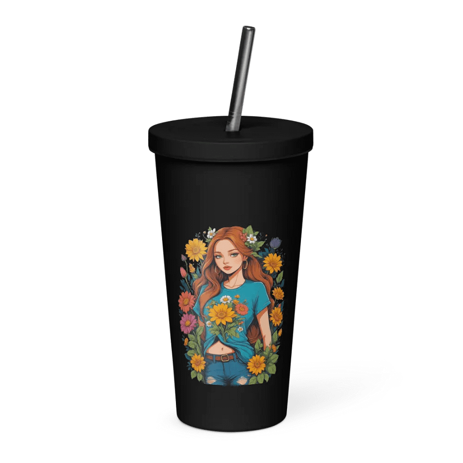 Bloomcore Flower Girl 20 oz Tumbler Cup - Black - Insulated Tumbler with a Straw - v1 product image (1)