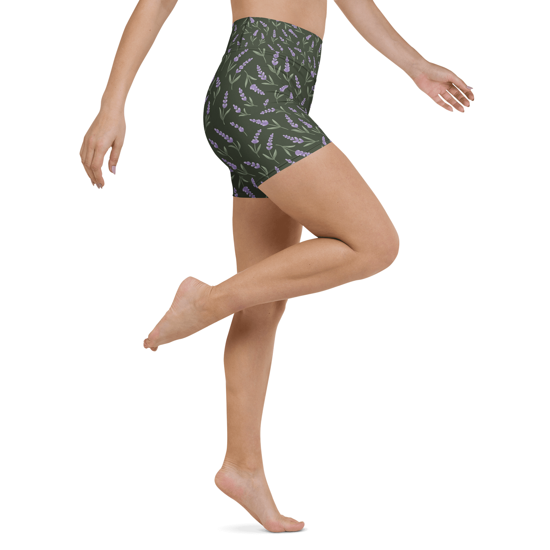 All-Over print yoga shorts with lavender pattern on green background. Eco-Friendly activewear product image (6)