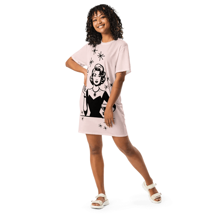 Retro Woman Drinking Wine T-Shirt Dress, Misty Rose product image (1)