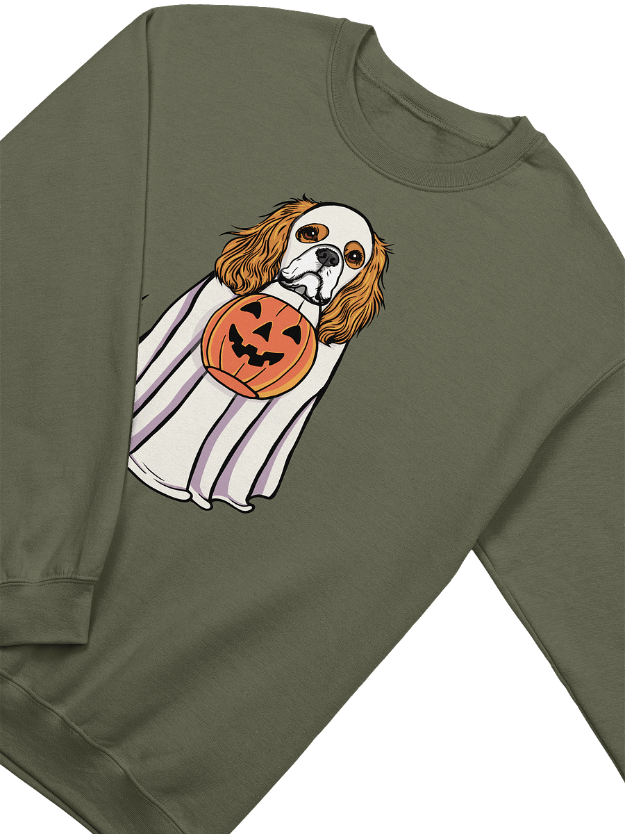 Funny Halloween Cavalier King Charles Spaniel(Blenheim) Sweatshirt | Funny Cavalier Wearing a Ghost Costume and Holding a Pumpkin Basket product image (18)