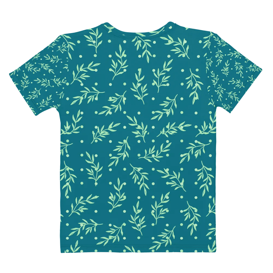 Ladies T shirt all over print teal color  leafy design  giving a fresh healthy feel for outdoor activity or outing. product image (8)