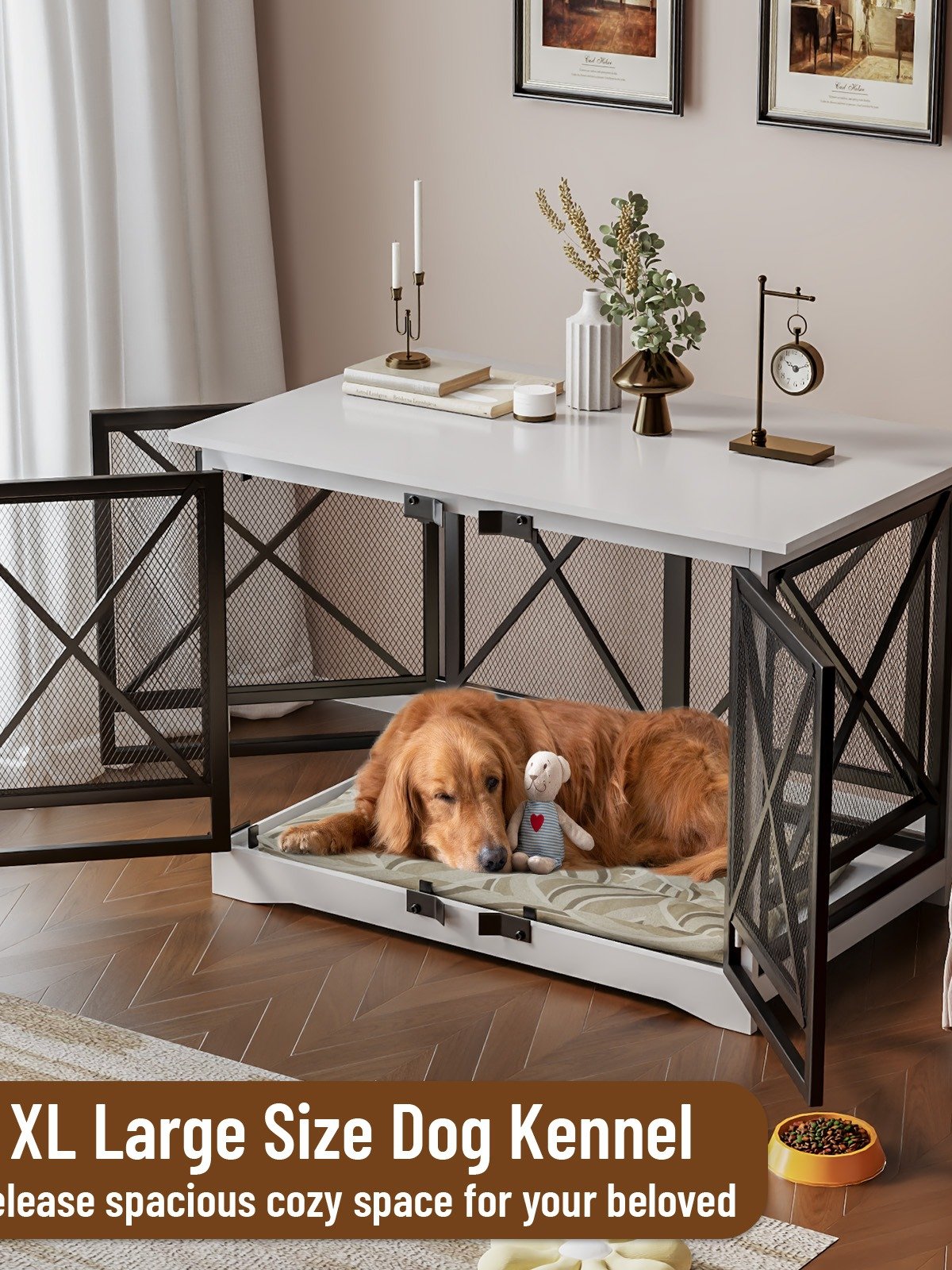 48 inch Extra Large Dog Crate Furniture,Double Door Indoor Kennel,End Side Table Wooden Dog Crates,Anti-Chew Anti-Escape, White product image (6)