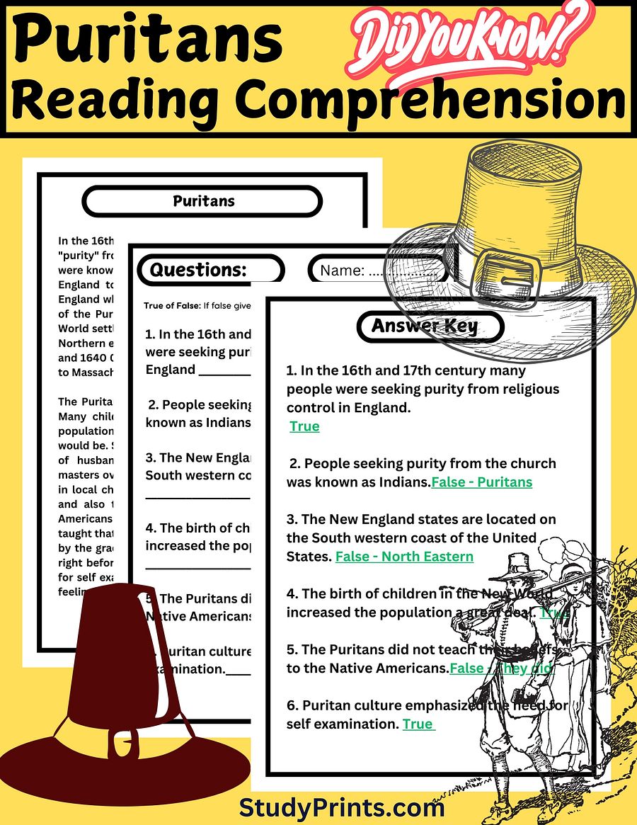 Puritans READING COMPREHENSION PASSAGE AND QUESTIONS | PRINTABLE PDF product image (1)