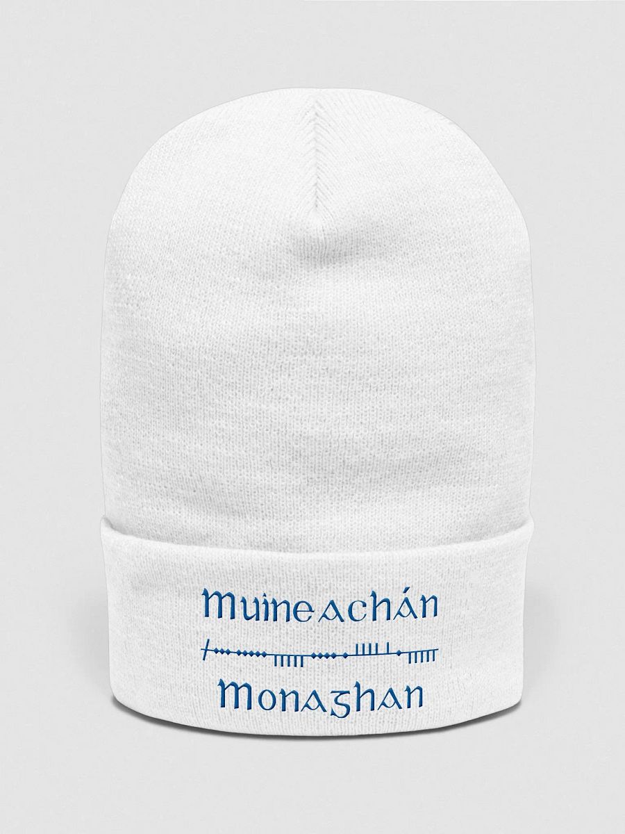 Monaghan/Muineachán Scholastic Ogham, white with blue, embroidered Cuffed Beanie product image (1)
